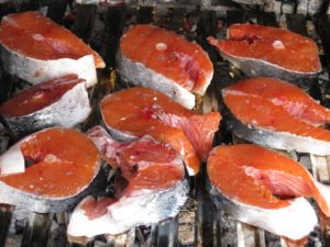 salmon, raw, grilled